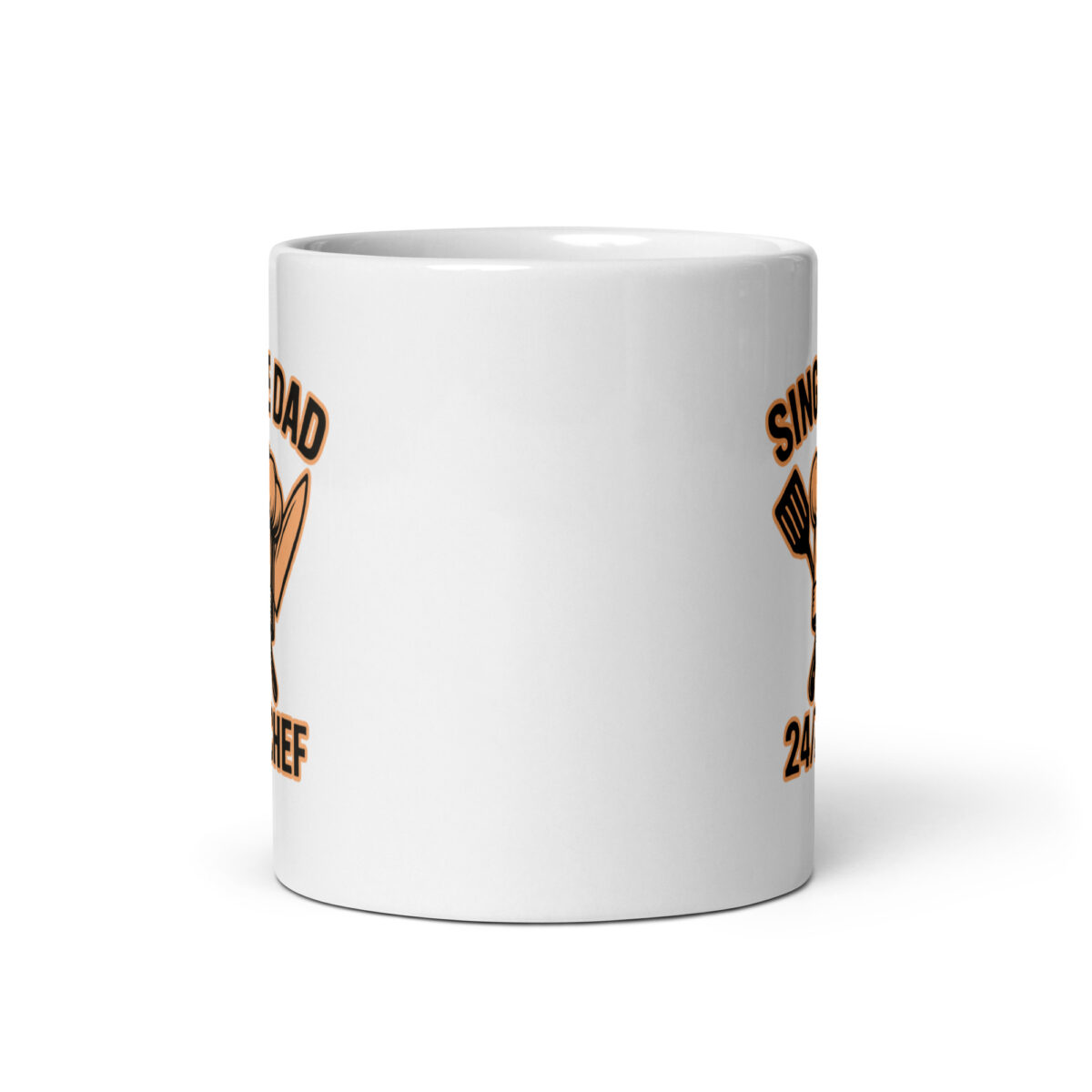 White mug with spatula design and text.