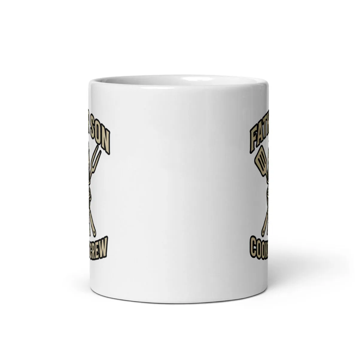 White mug with barbecue-themed design.