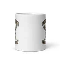 White mug with barbecue-themed design.