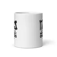 White mug with black tools design and text