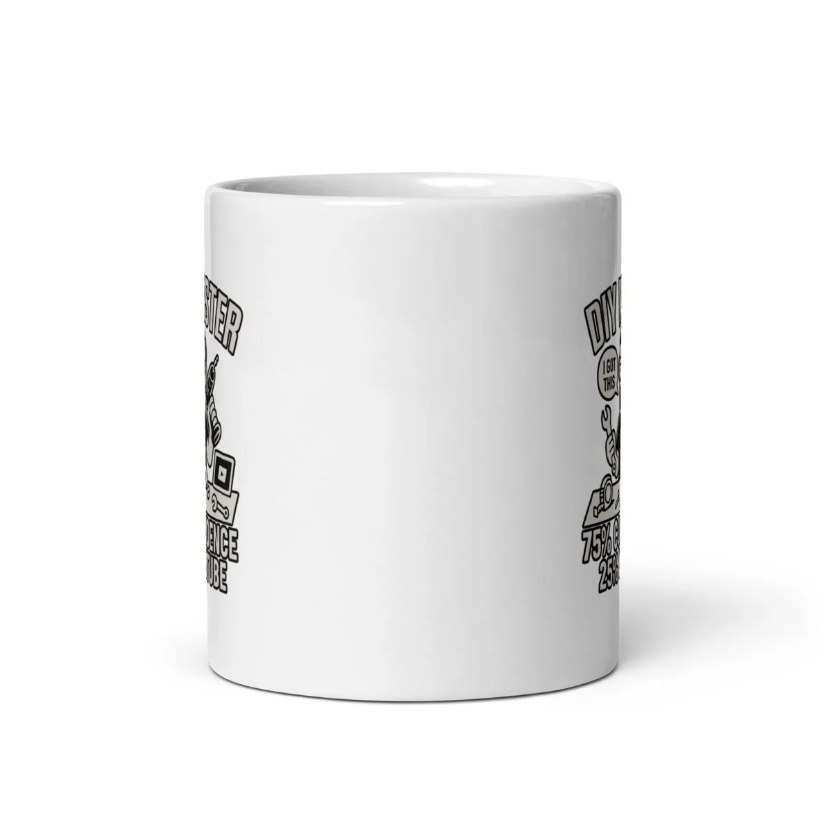 White mug with humorous plumber design.