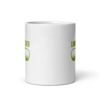 White mug with green text and grass logo.