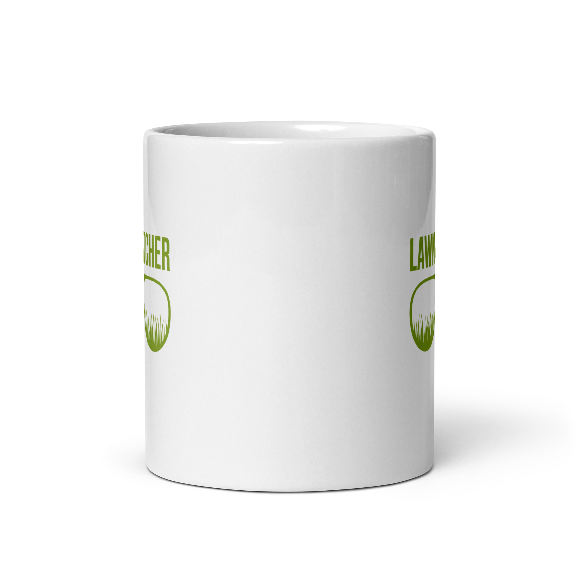 white-glossy-mug-white-11-oz-front-view-68f6162b9b4e0.jpg White mug with green text and grass logo.