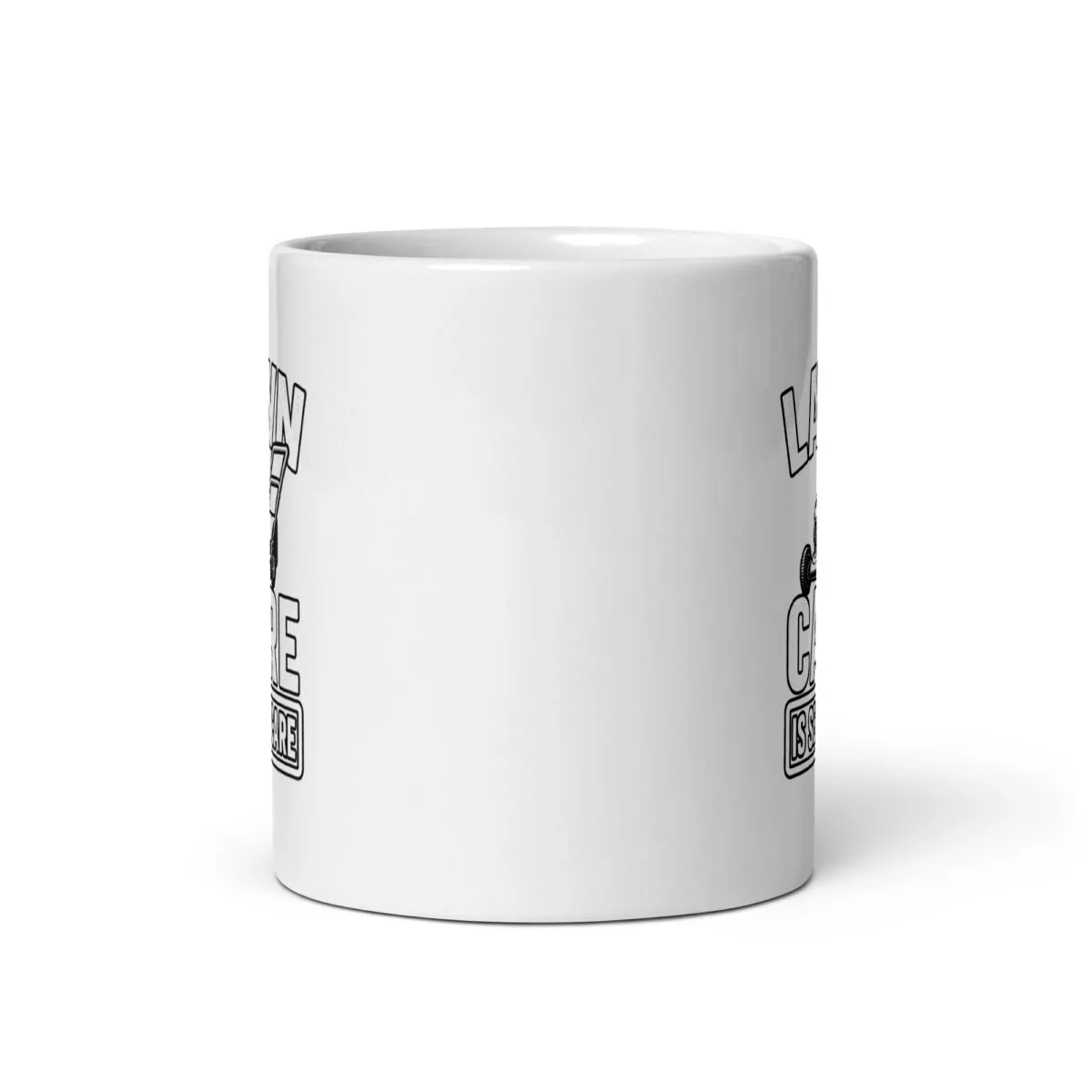 White mug with text and graphic design