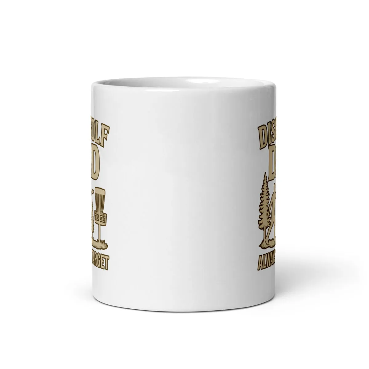White mug displaying disc golf design.