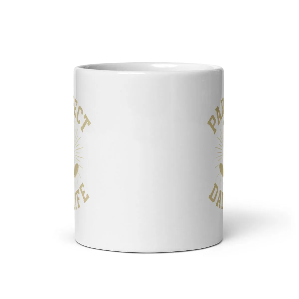 White coffee mug with gold text design.