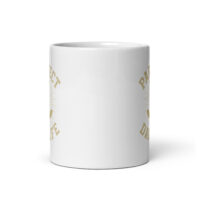 White coffee mug with gold text design.