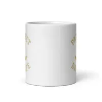 White coffee mug with gold text design.