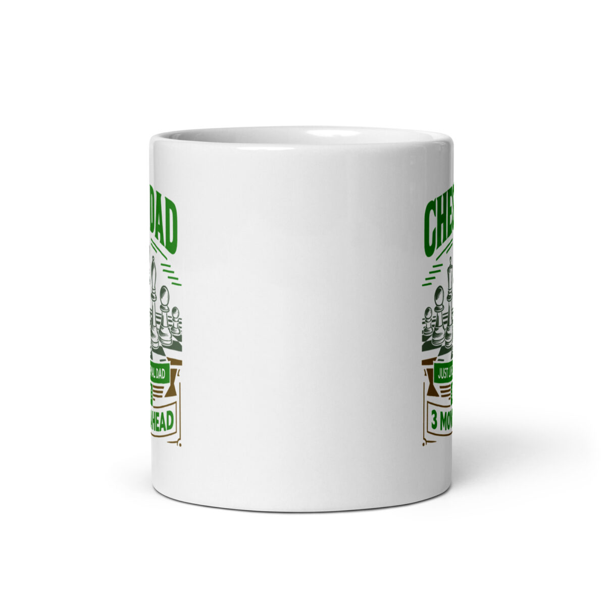 White mug with chess-themed graphic design.