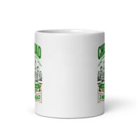 White mug with chess-themed graphic design.