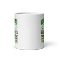 White mug with chess-themed graphic design.