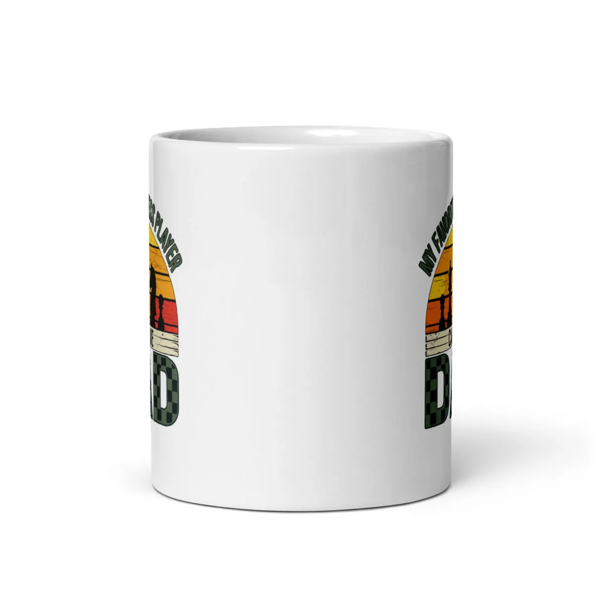 White mug with fishing-themed design