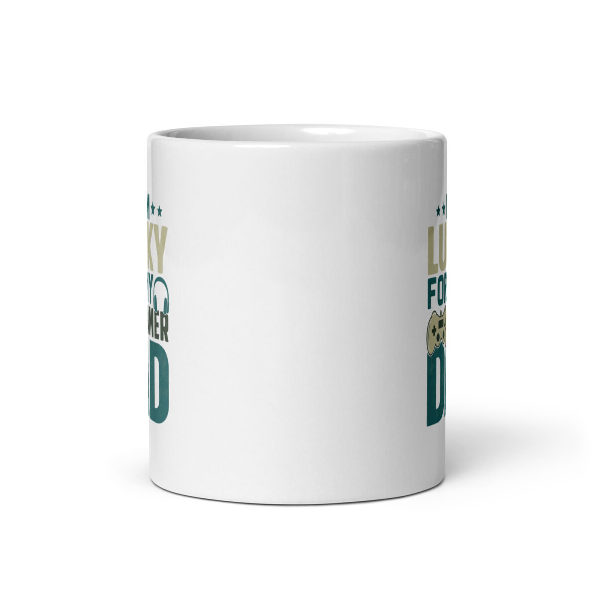 White mug with gamer dad graphic