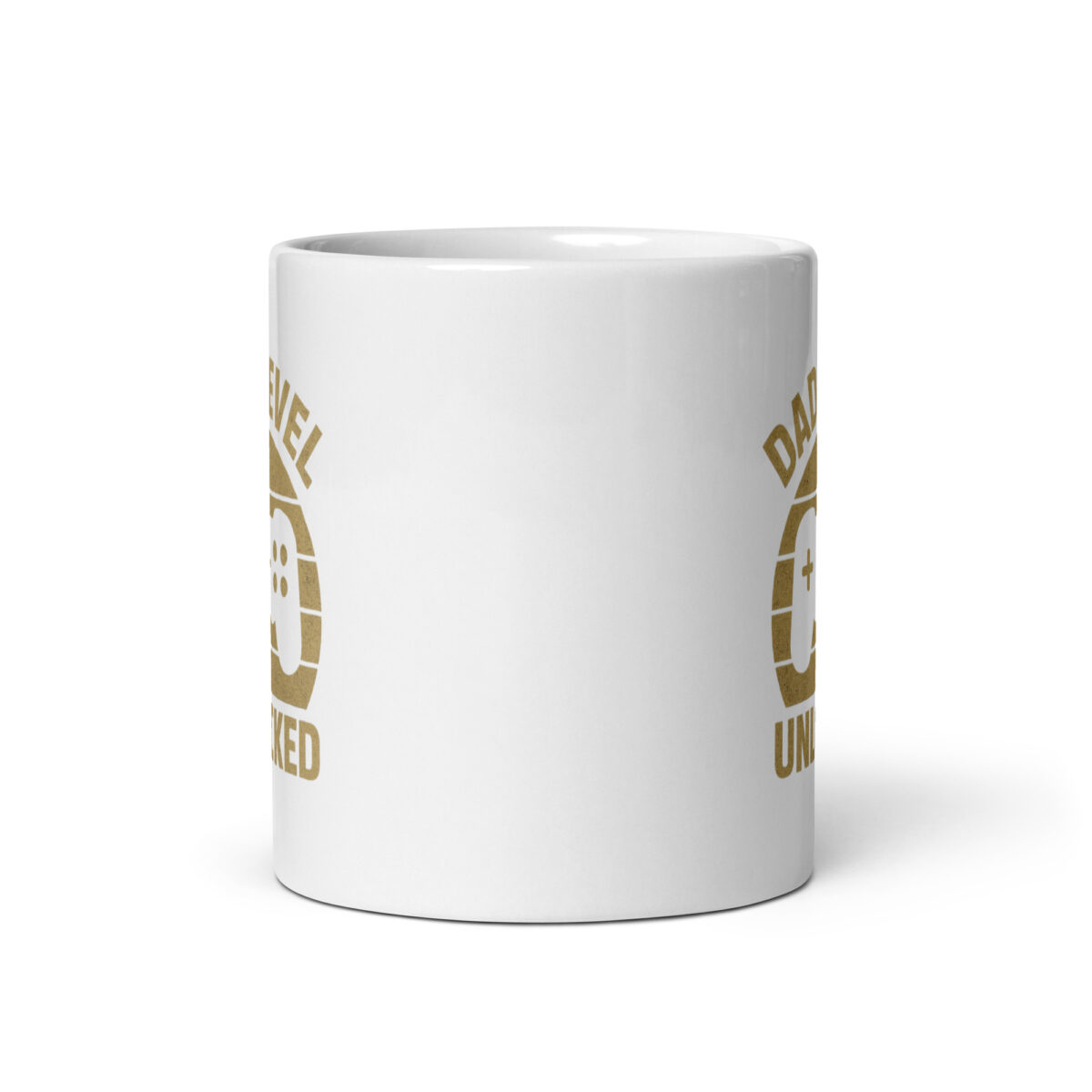 White mug with gaming-themed design