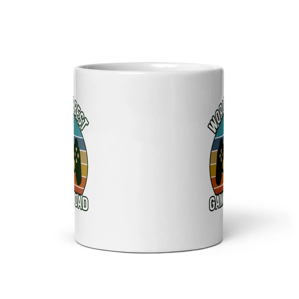 White mug with gaming design and text.