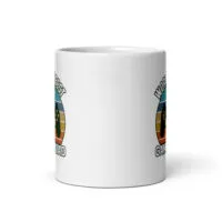 White mug with gaming design and text.