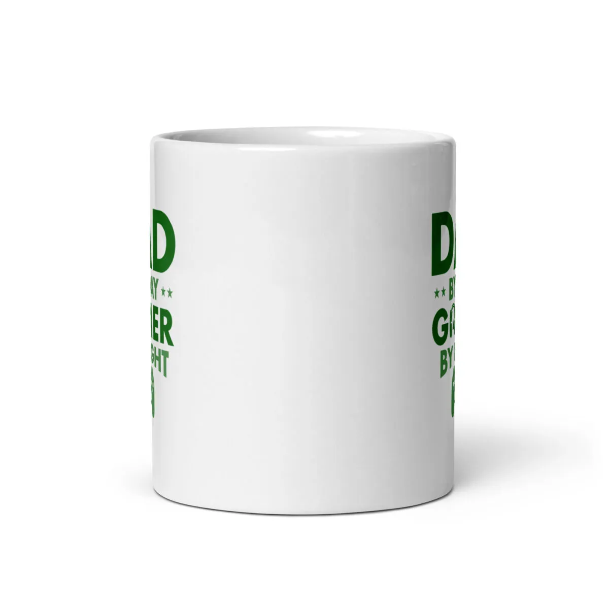 White mug with green text design