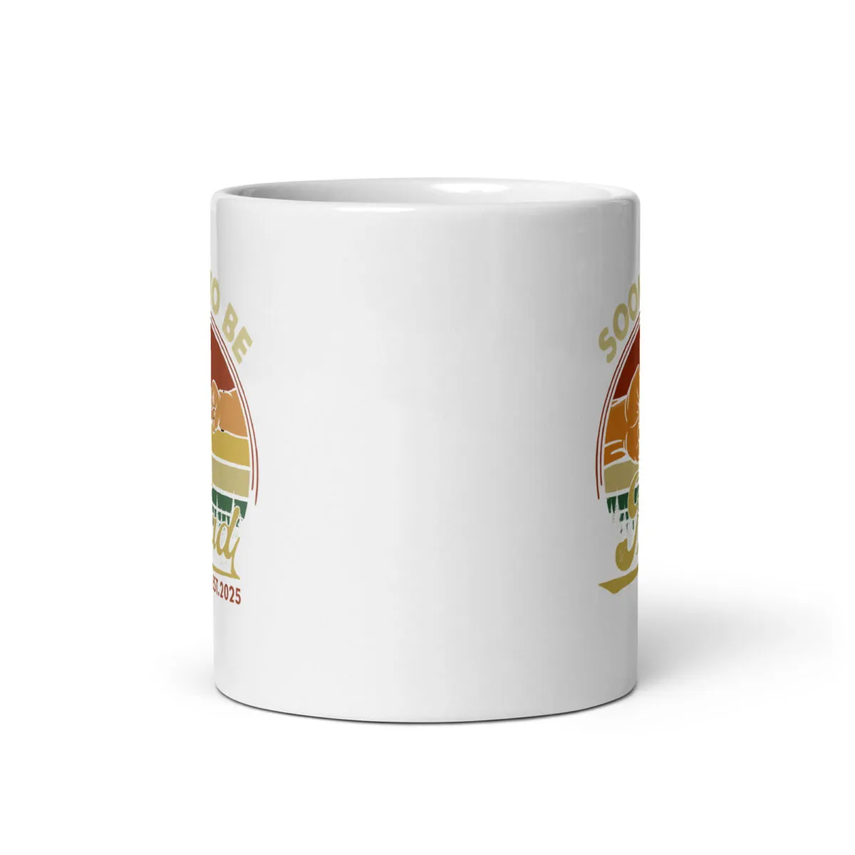White coffee mug with colorful design.