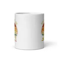 White coffee mug with colorful design.