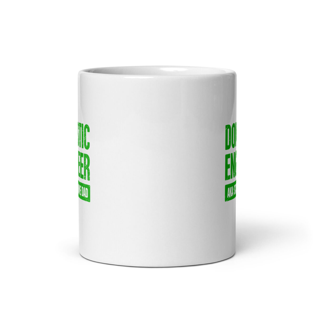 White coffee mug with green text design.