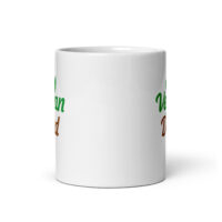 White mug with green and brown text design