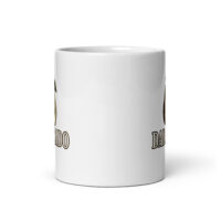 White mug with brown text and logo
