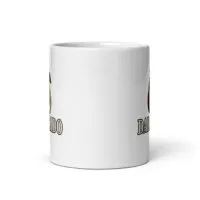 White mug with brown text and logo