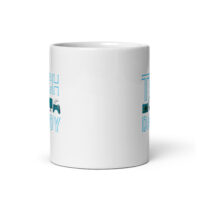 White mug with tech-themed design and text