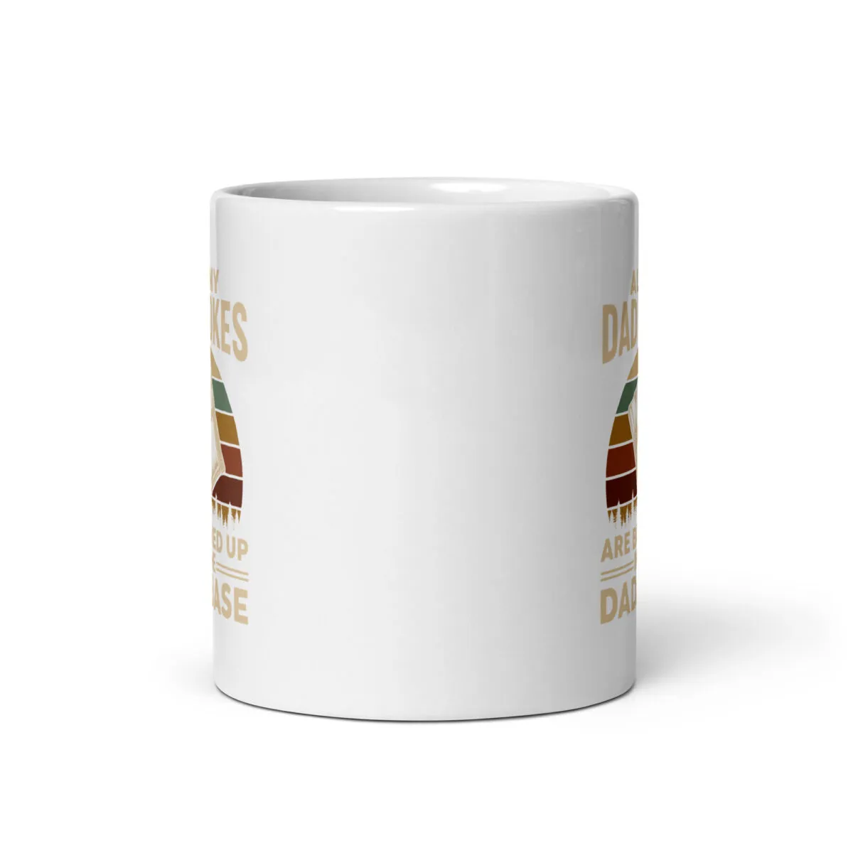 White mug with vintage design, partially visible text.
