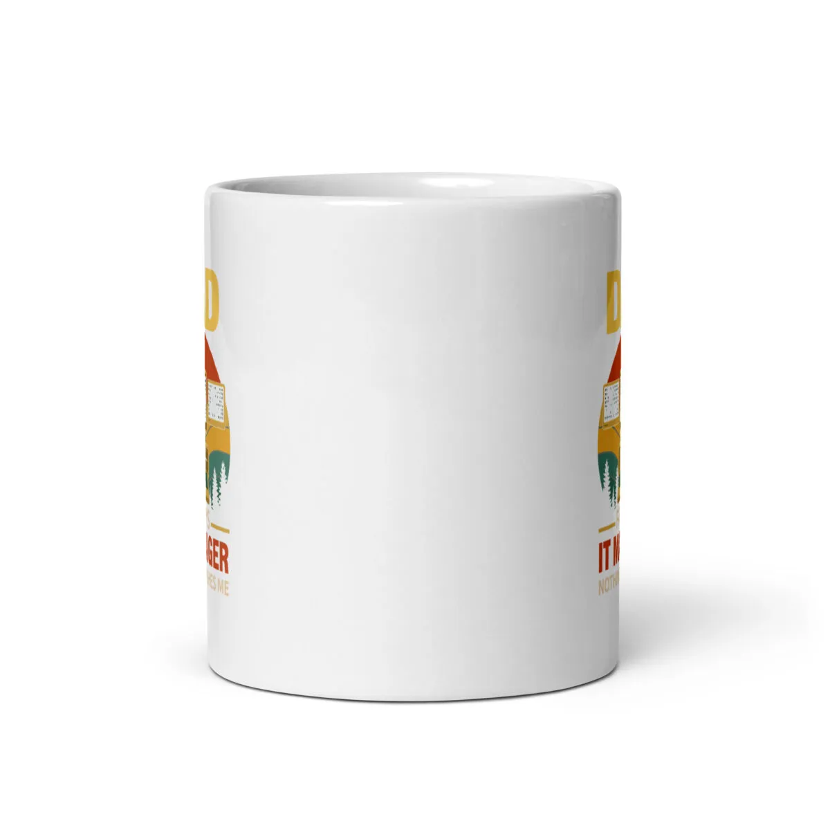 White mug with outdoor-themed design and text