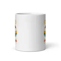 White mug with outdoor-themed design and text