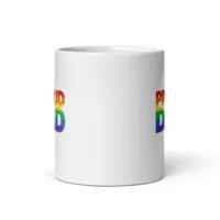 White mug with 'Proud Dad' rainbow text