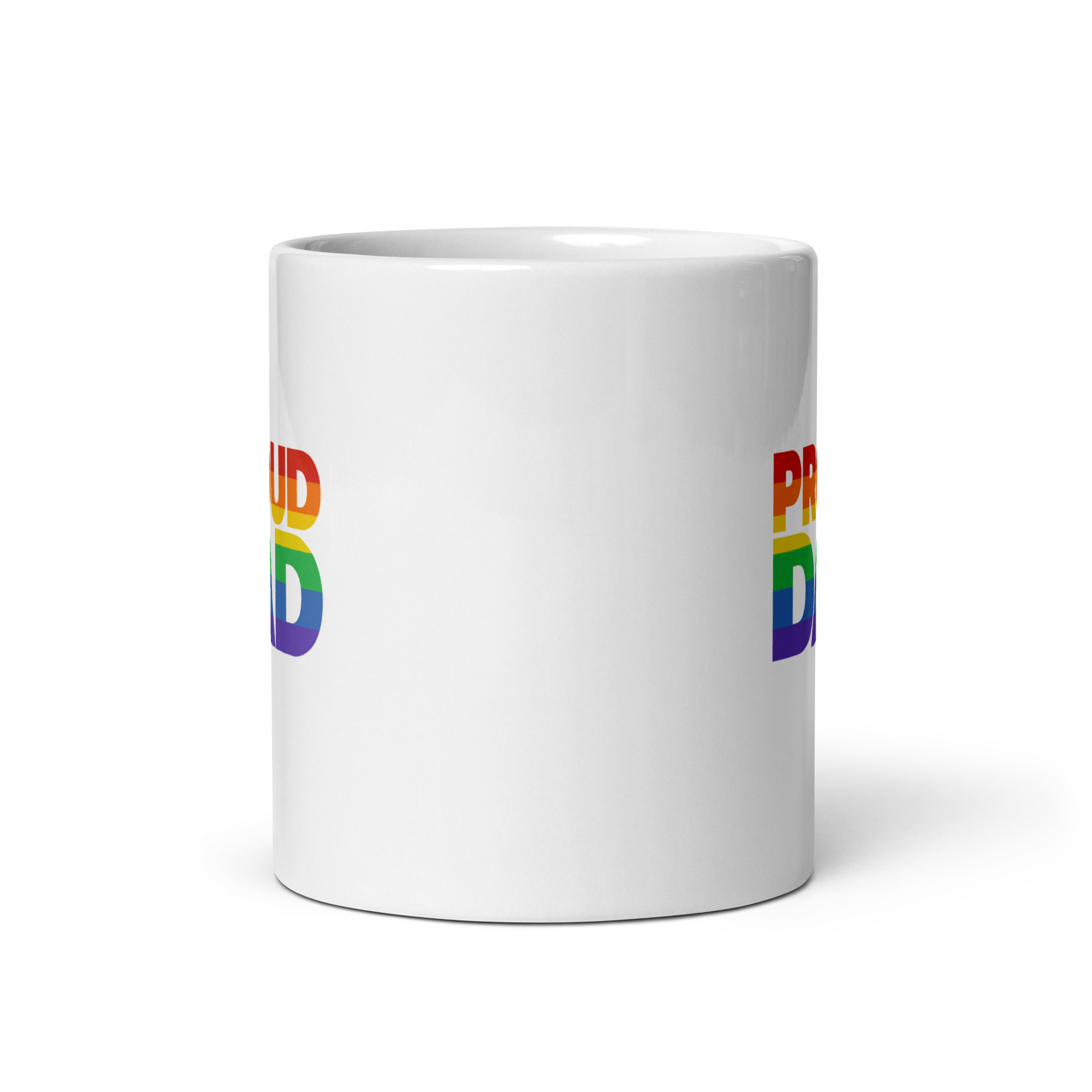 white-glossy-mug-white-11-oz-front-view-68f732c28b8b7.jpg White mug with 'Proud Dad' rainbow text