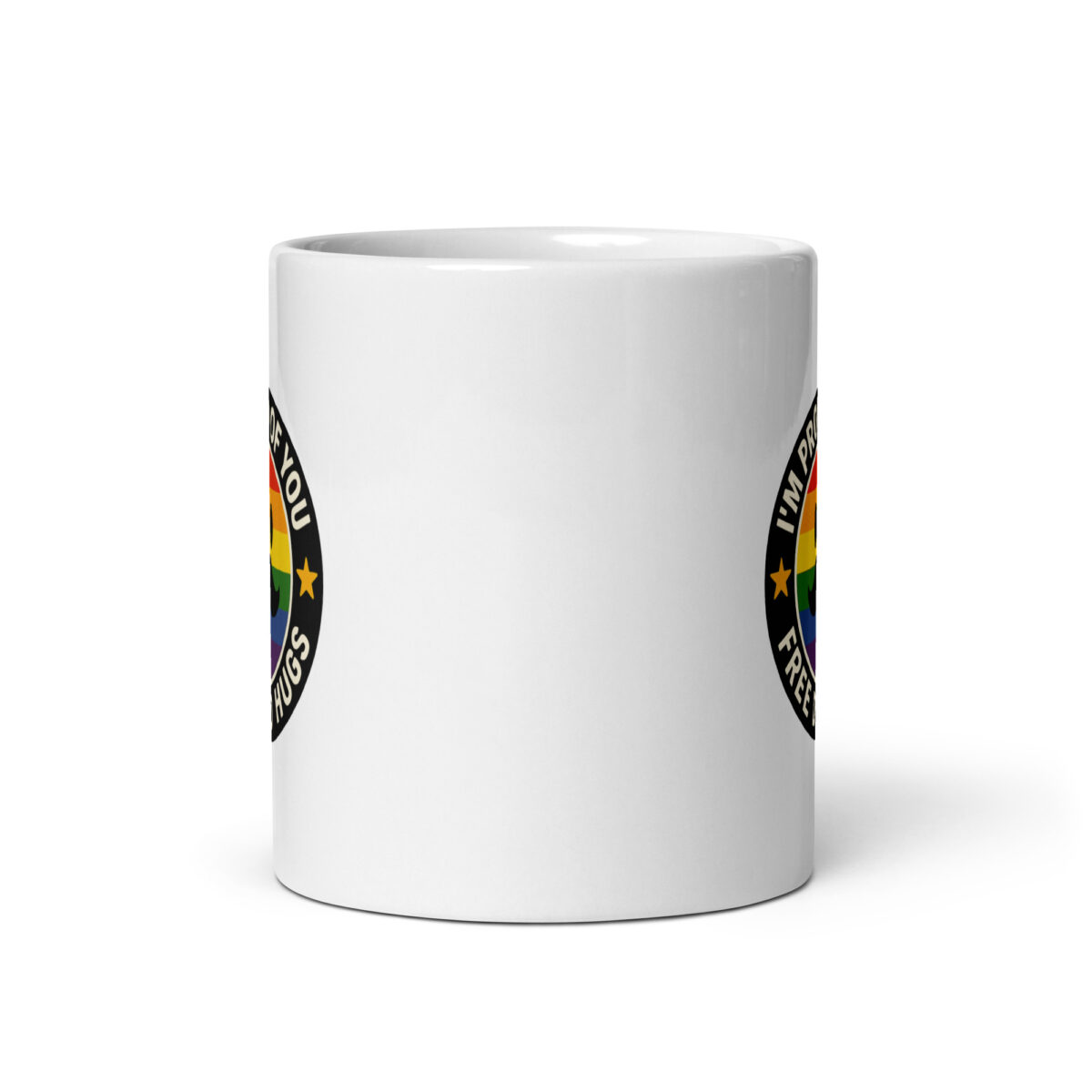 White mug with rainbow pride design.