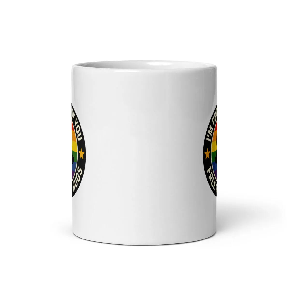White mug with rainbow pride design.