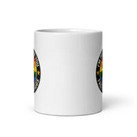 White mug with rainbow pride design.