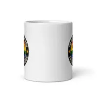 White mug with rainbow pride design.
