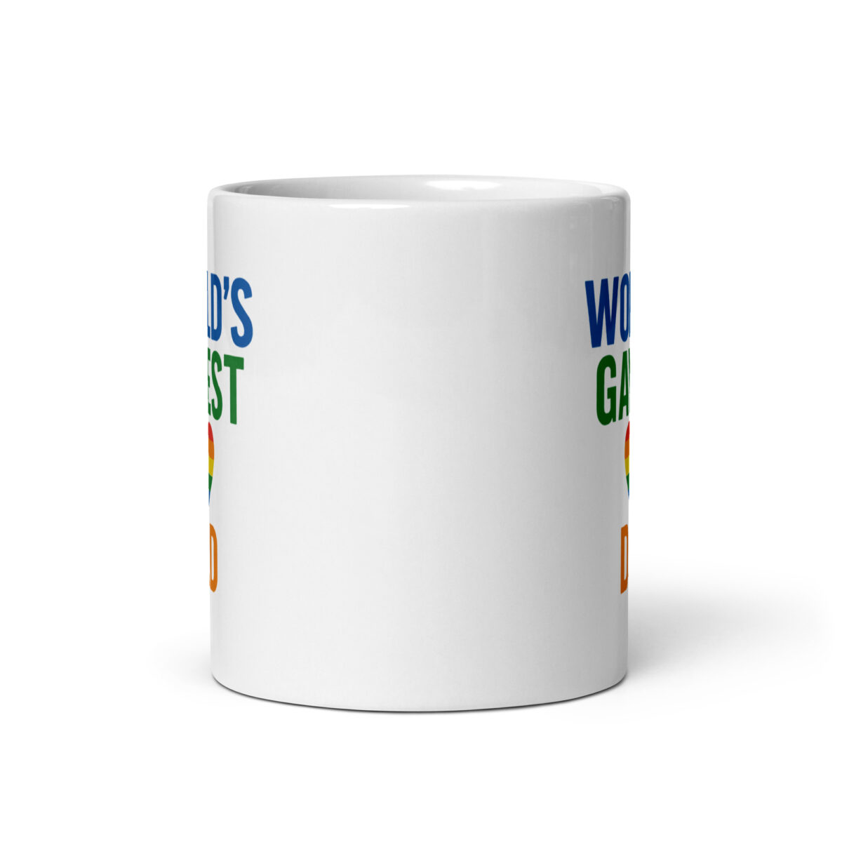 White mug with colorful text design