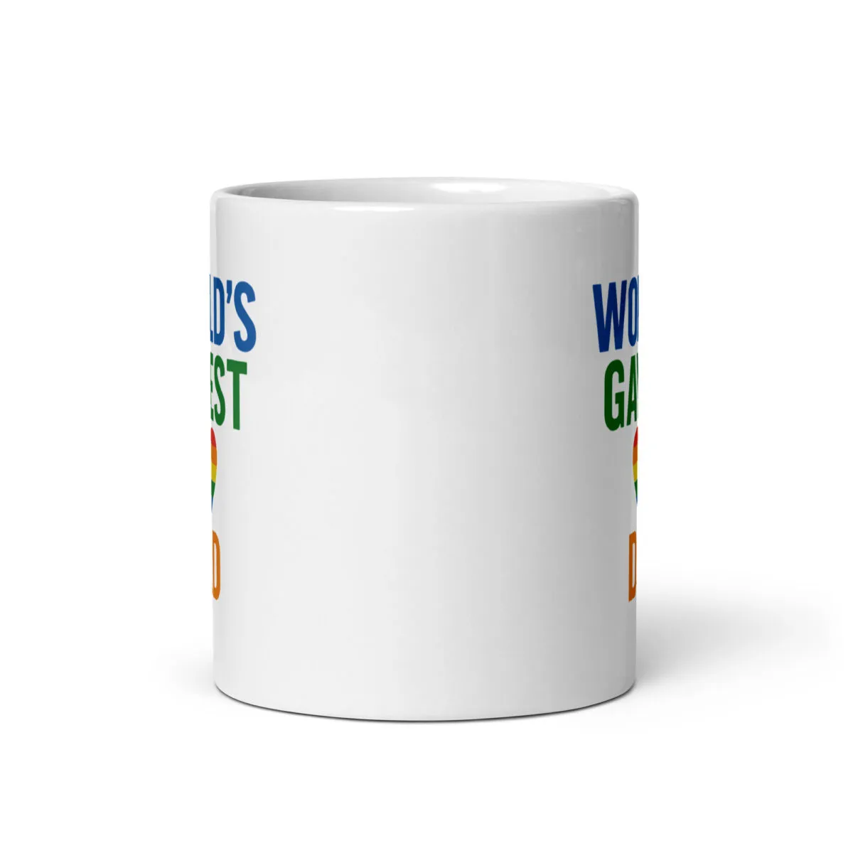 White mug with colorful text design