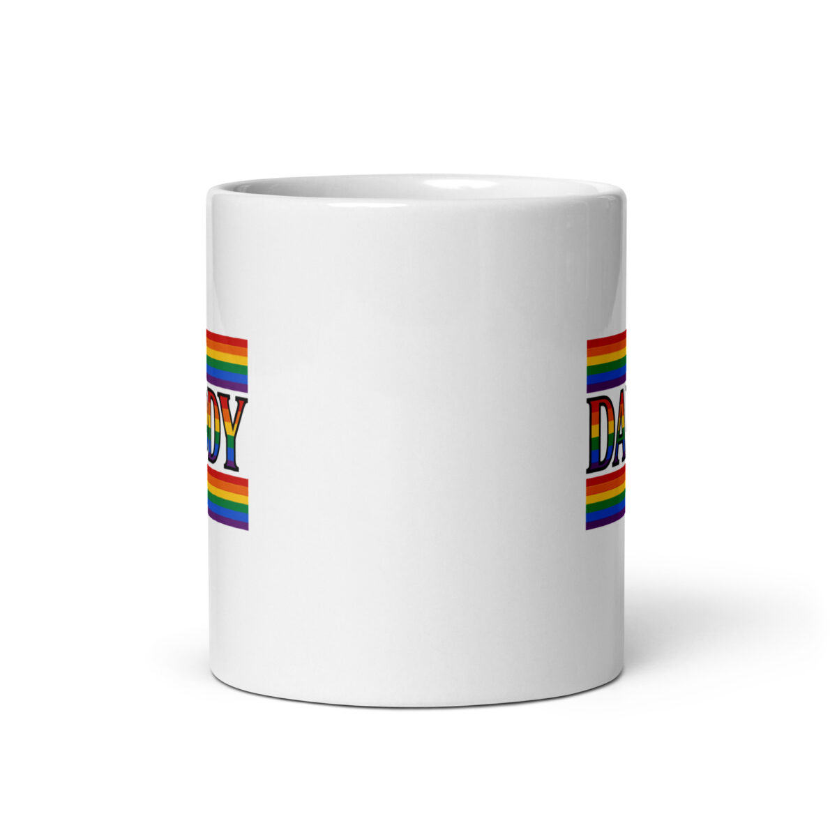 White mug with rainbow 'Daddy' text
