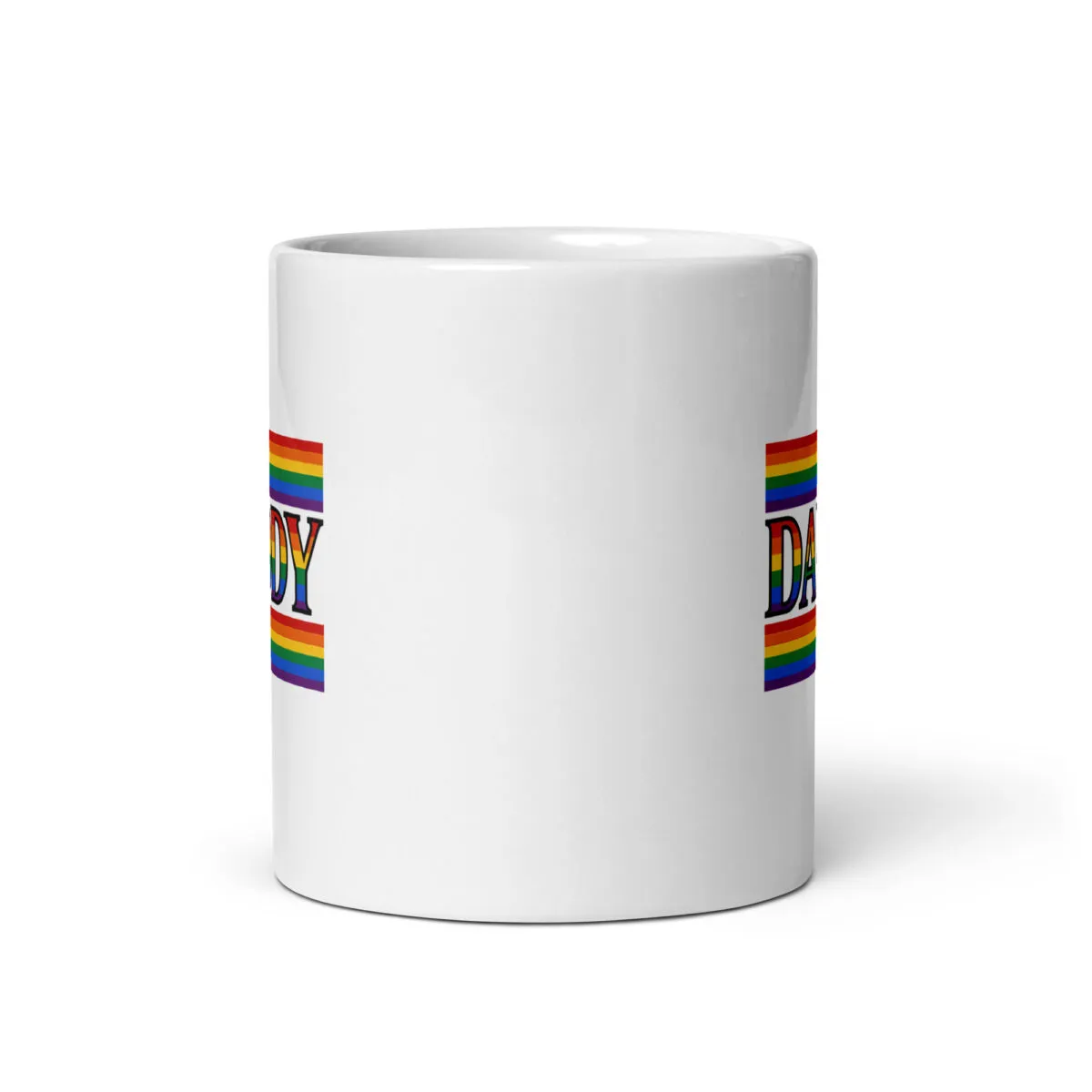 White mug with rainbow 'Daddy' text