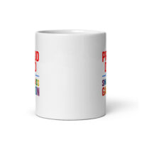 White mug with rainbow text design