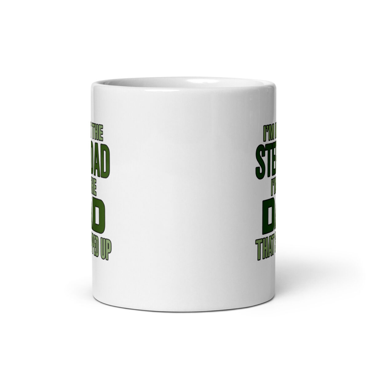 White mug with green text about stepdad.