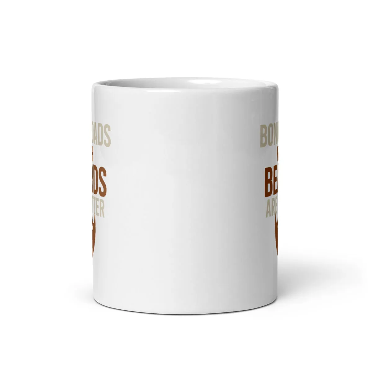 White mug with printed text and beard graphic.