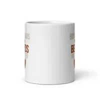 White mug with printed text and beard graphic.