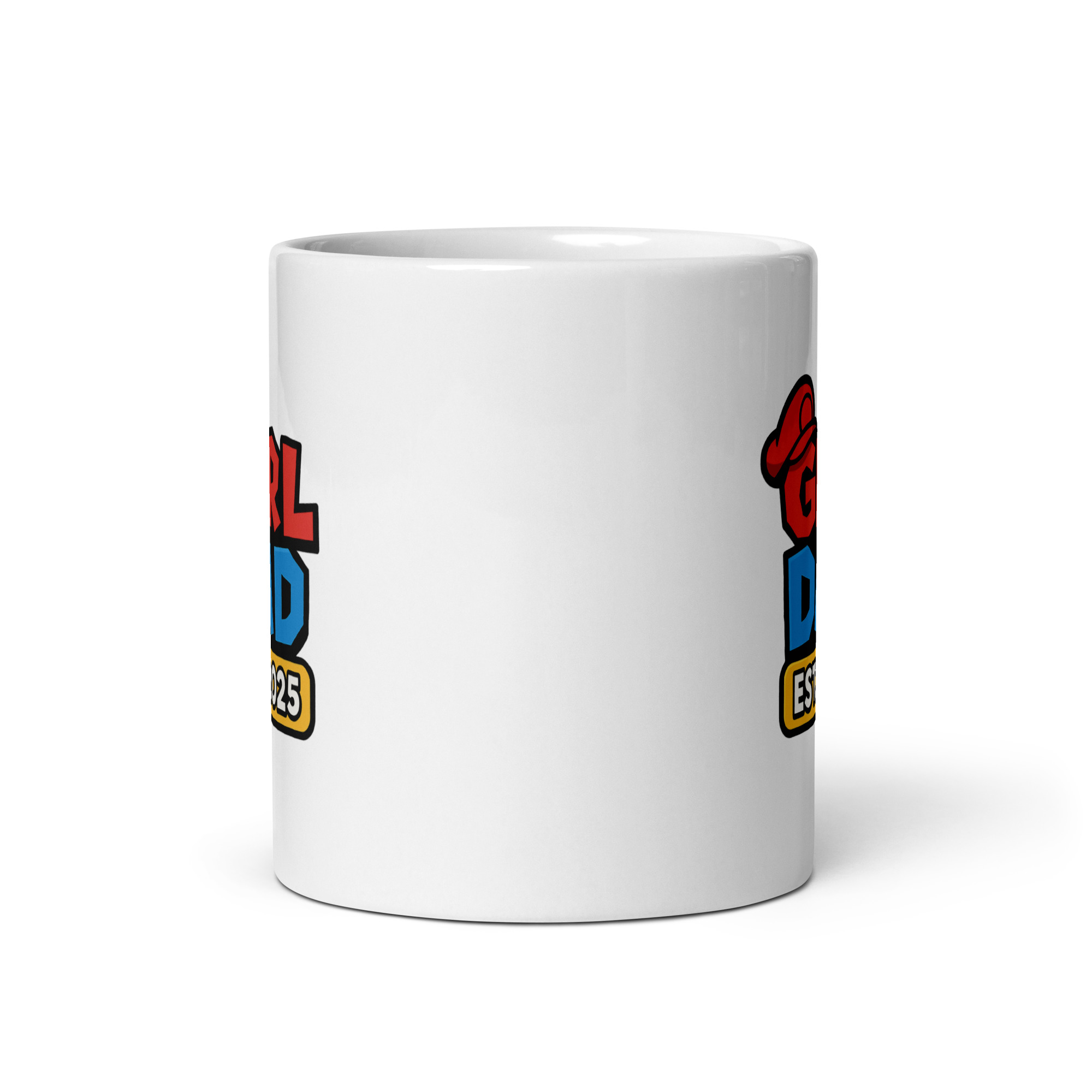 white-glossy-mug-white-11-oz-front-view-68f83c37e7c58.jpg White mug with colorful 'Cool Dad' logo