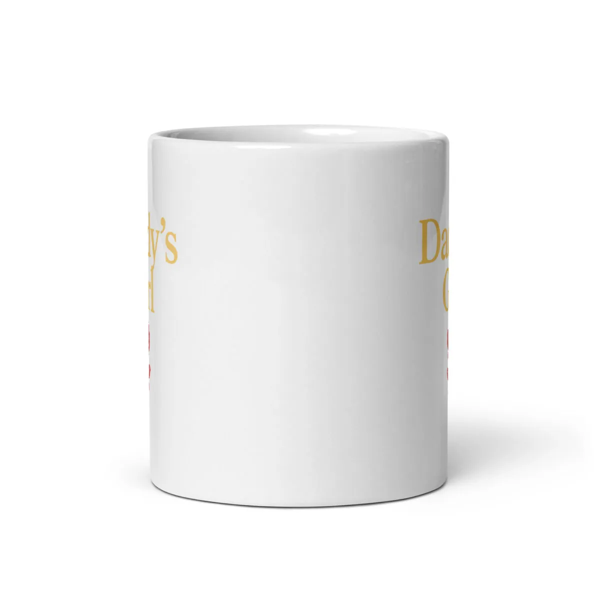 White ceramic mug with partial gold text
