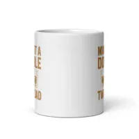 White mug with humorous text illustration.