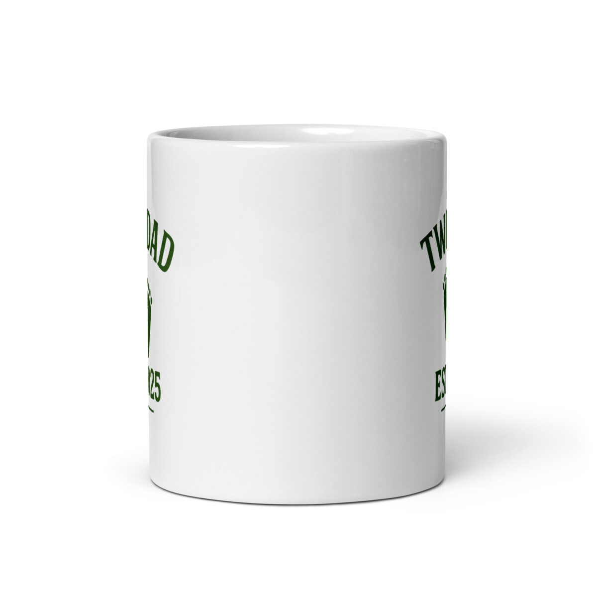 White mug with green text and design