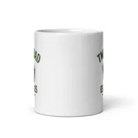 White mug with green text and design
